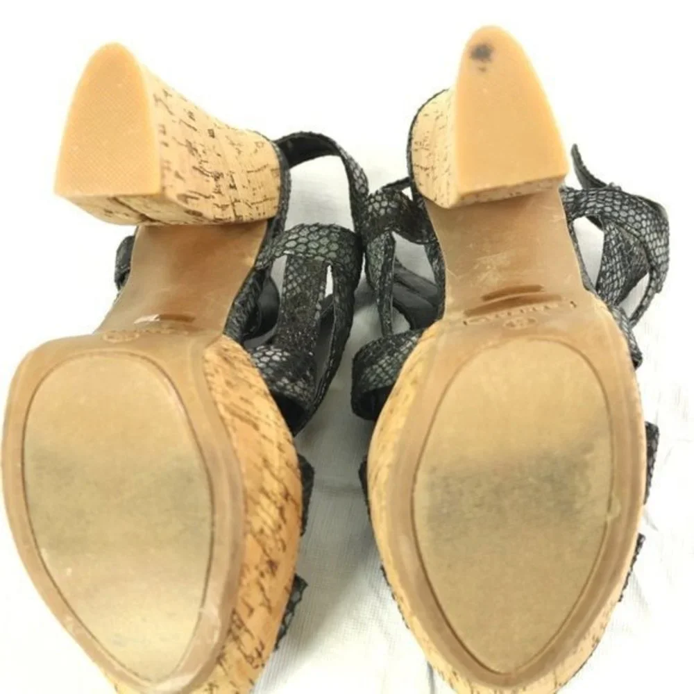 Bamboo Nanette Shoes Heels Sandals‎ Platform Black Silver Snake Cork 7.5